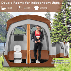 Favory Double - Room Shower Tent, Oversize Space Privacy Shelter for Camping with Floor, Portable Camping Changing Tent with Removable Rain Fly, Storage Bag for Dressing, Toilet, Brown
