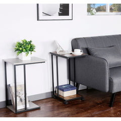JJS Side End C Table for Sofa, Living Room Couch Table Snack Table That Slide Under for Small Spaces Cement/Black