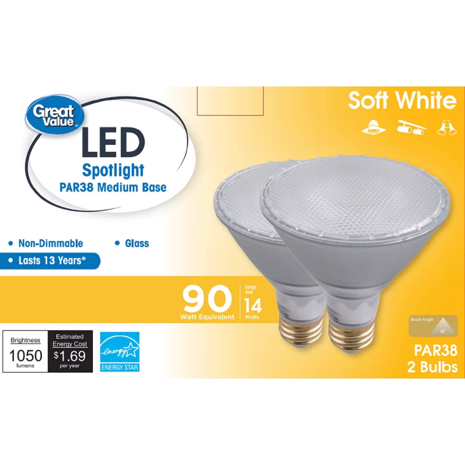 Great Value LED Light Bulb 90W Eqv. PAR38 Warmwhite 2 Pack
