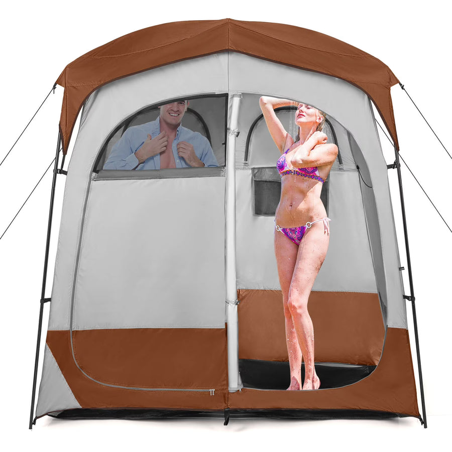 Favory Double - Room Shower Tent, Oversize Space Privacy Shelter for Camping with Floor, Portable Camping Changing Tent with Removable Rain Fly, Storage Bag for Dressing, Toilet, Brown