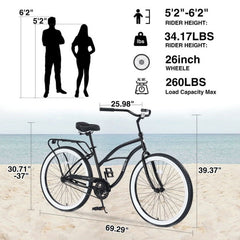 Single Speed Bicycles 26"inch, Steel Frame, Wide Wheels for Stability, Rear Coaster Brakes, Multiple Colors Men'S Beach Cruiser Bike