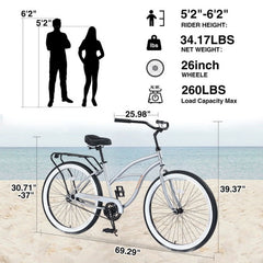 Single Speed Bicycles 26"inch, Steel Frame, Wide Wheels for Stability, Rear Coaster Brakes, Multiple Colors Men'S Beach Cruiser Bike