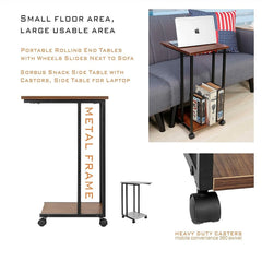JJS Side End C Table for Sofa, Living Room Couch Table Snack Table That Slide Under for Small Spaces Cement/Black